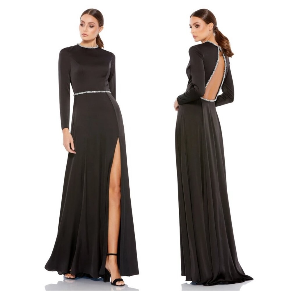 NWT $398 MAC DUGGAL LONG SLEEVE JEWEL TRIMMED CHARMEUSE GOWN DRESS LONG #26524
